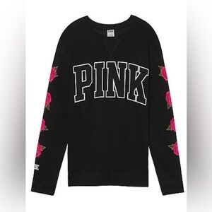 VS PINK CAMPUS CREW SWEATSHIRT BLACK EMBROIDERED ROSE FLORAL LOGO RARE HTF M